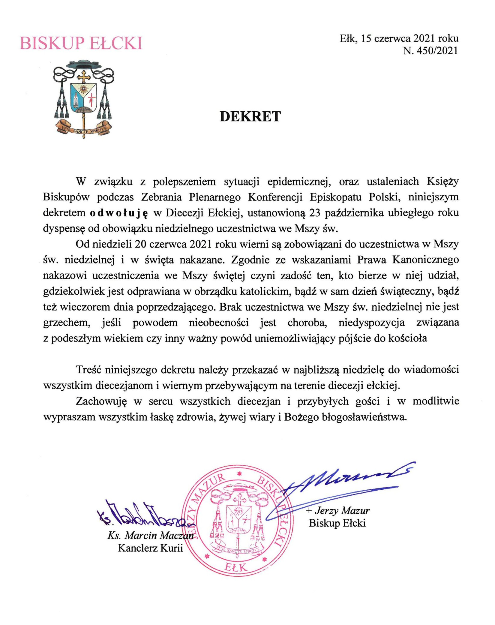 Koniec dyspensy od udziału we Mszy świętej