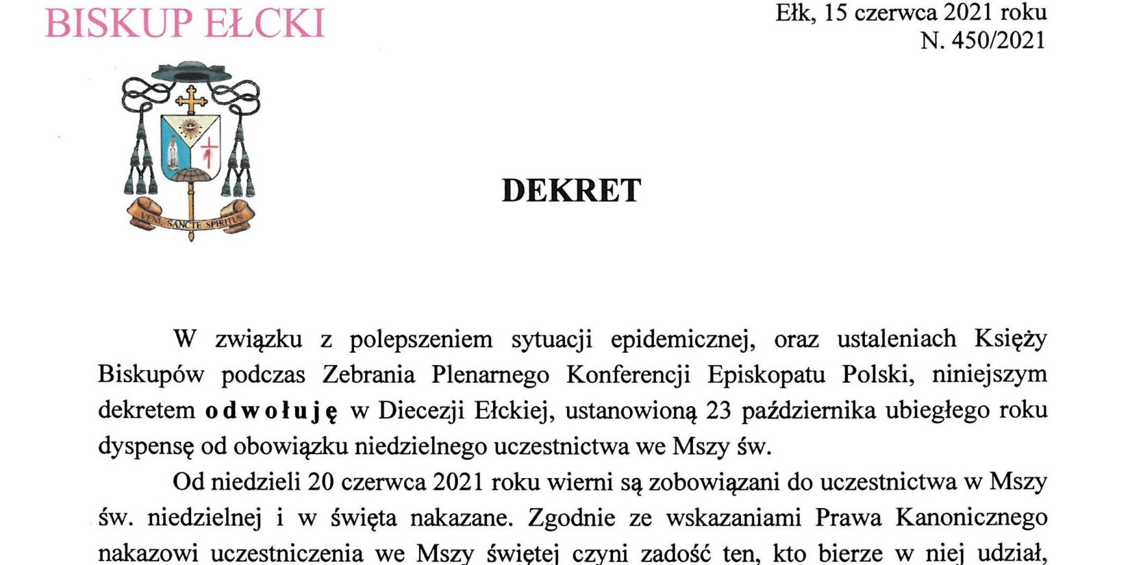 Koniec dyspensy od udziału we Mszy świętej